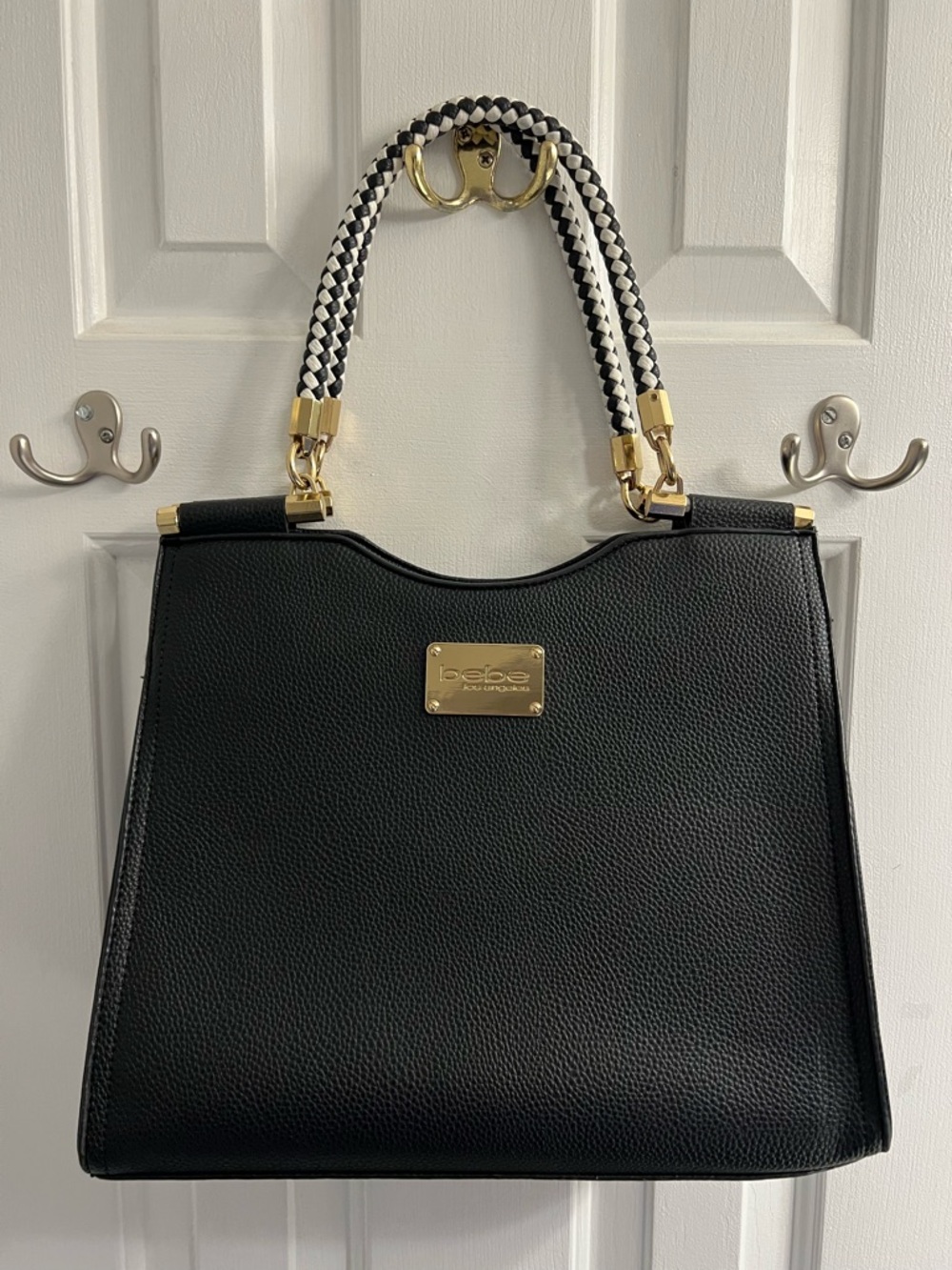 bebe Black Handbag with Black and White Braided Handles & Gold Hardware